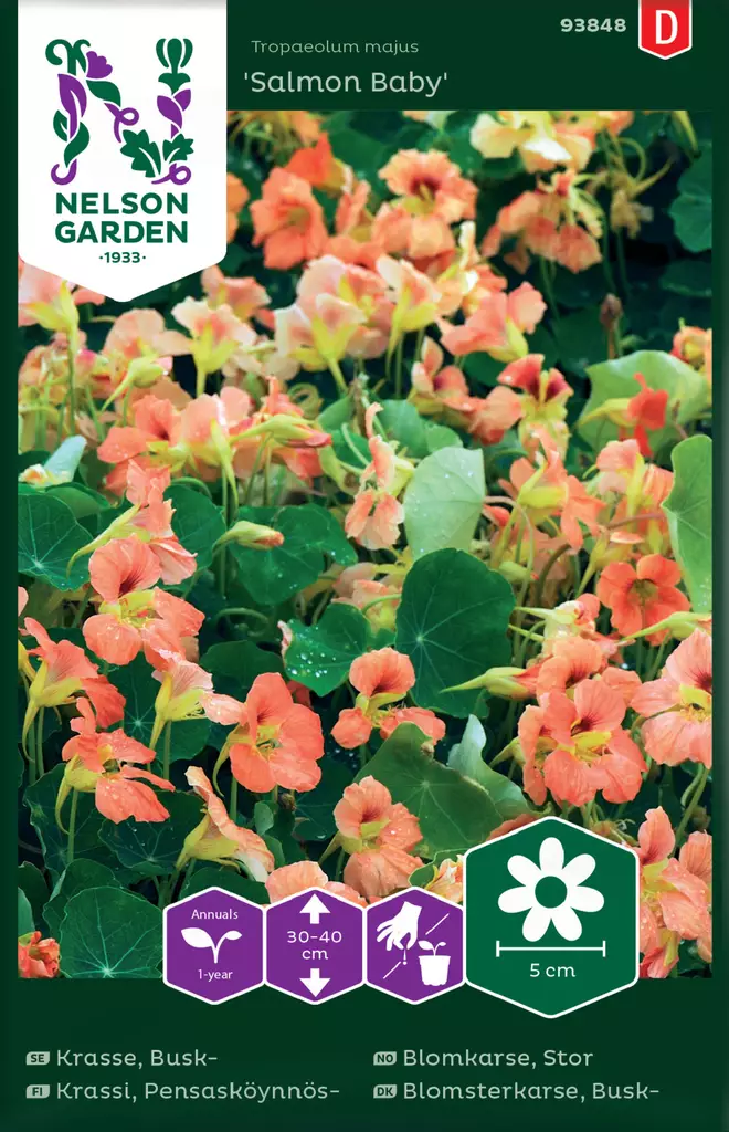 Pensasköynnöskrassi 'Salmon Baby' siemen, Nelson Garden - Kukkien siemenet - 7312600938489 - 1